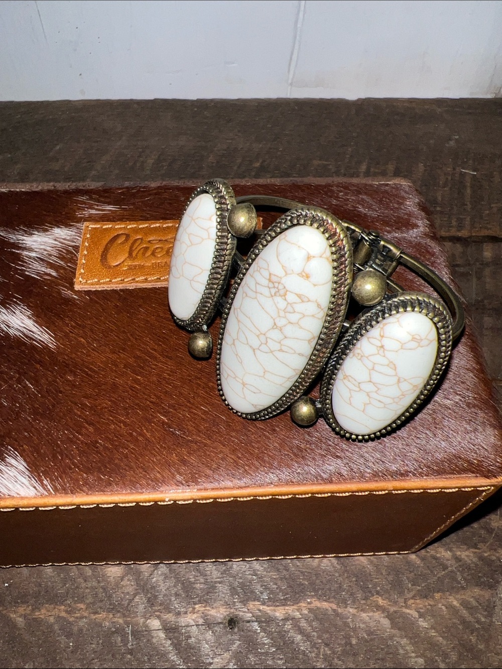 White Marbled Stone Triple-Panel Cuff Bracelet